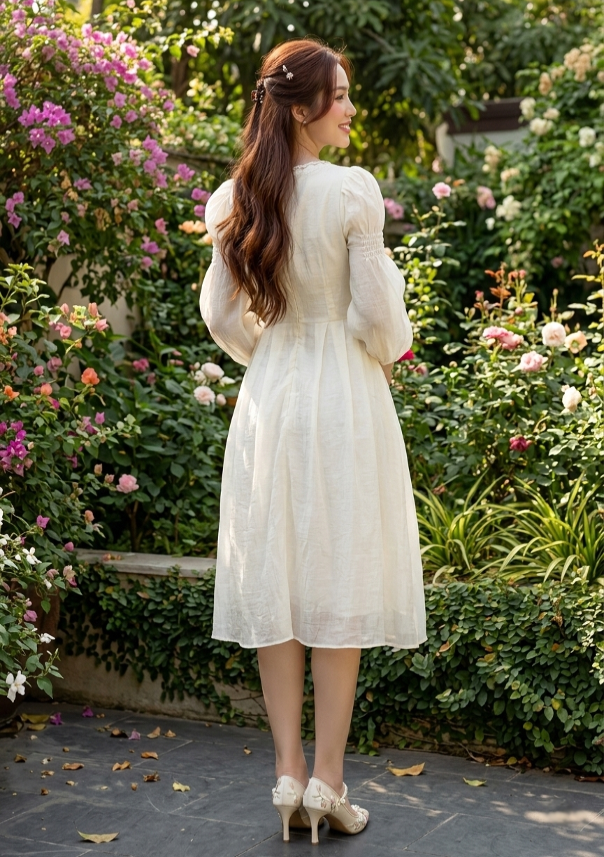 Đầm midi tay dài cổ U phối ren ngực_thumbnail_3