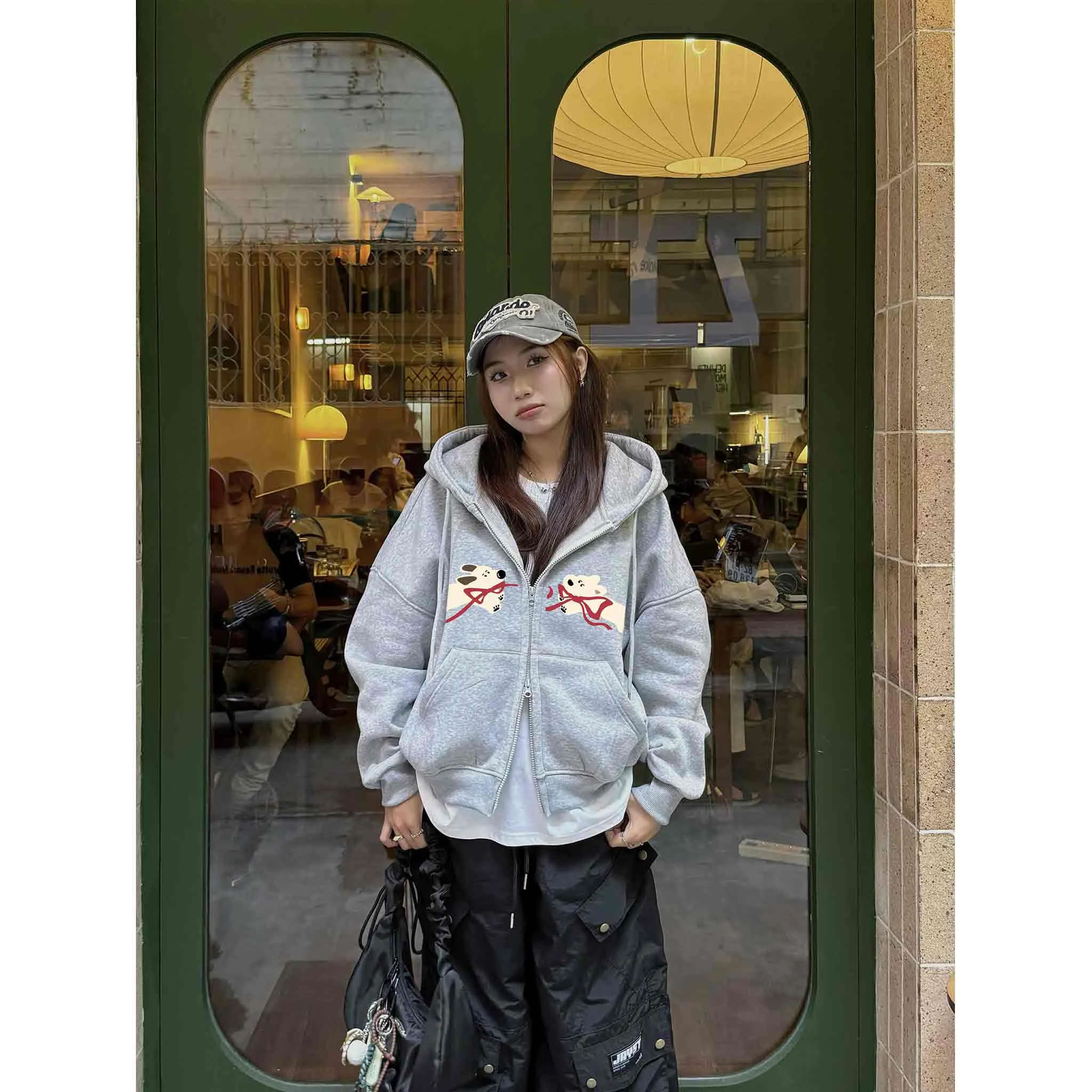 Áo khoác hoodie zip boxy nỉ 2 da 2653 Miucho thoáng mát dày dặn hình cún đáng yêu_thumbnail_3