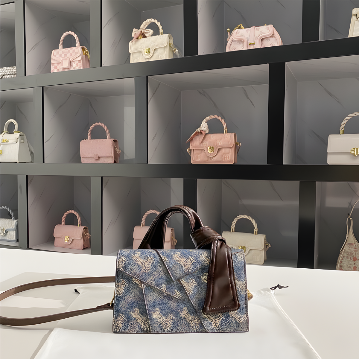 Túi xách UHE_2519 Vera – túi kẹp nách họa tiết vintage, tay cầm da nâu