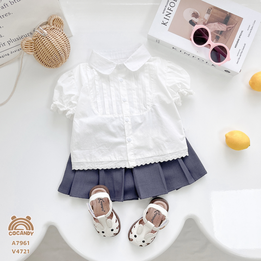 Áo cộc sơ mi TRẮNG xếp ly ngực