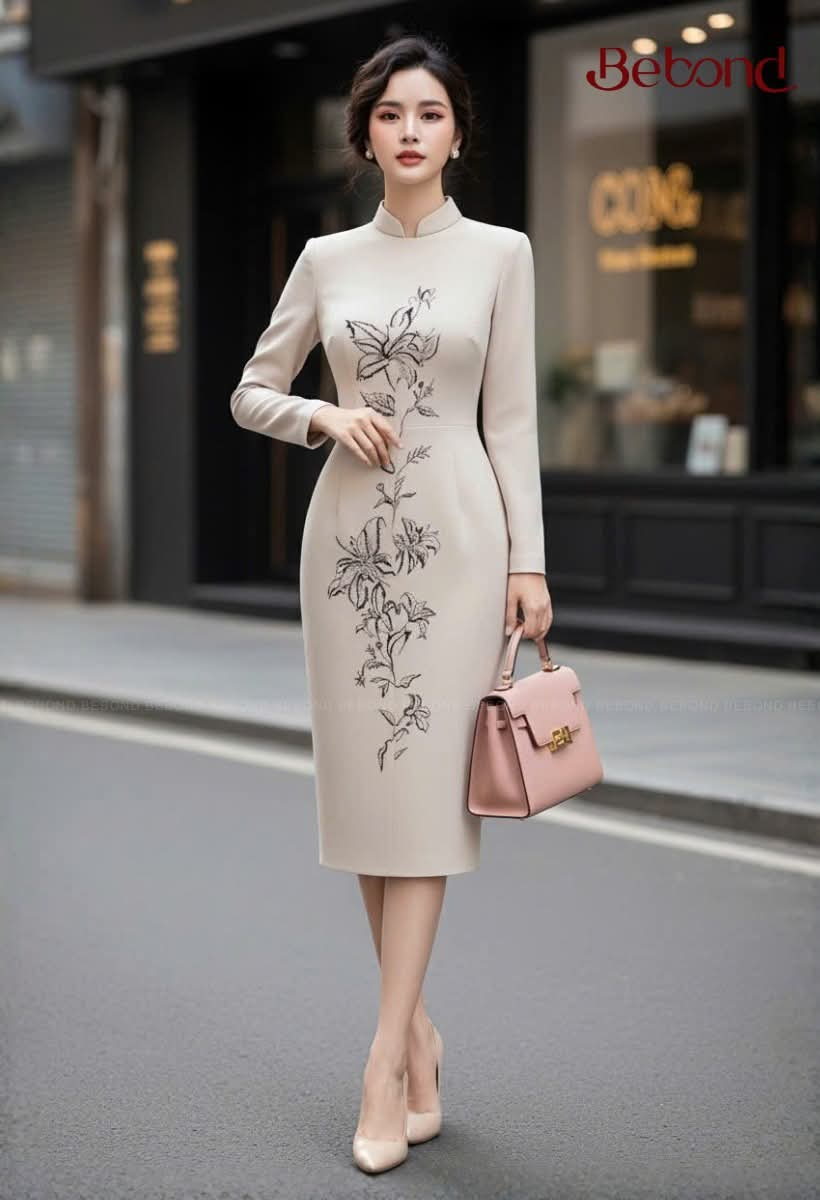 Đầm liền dài tay MERCY họa tiết vẽ tay màu KEM