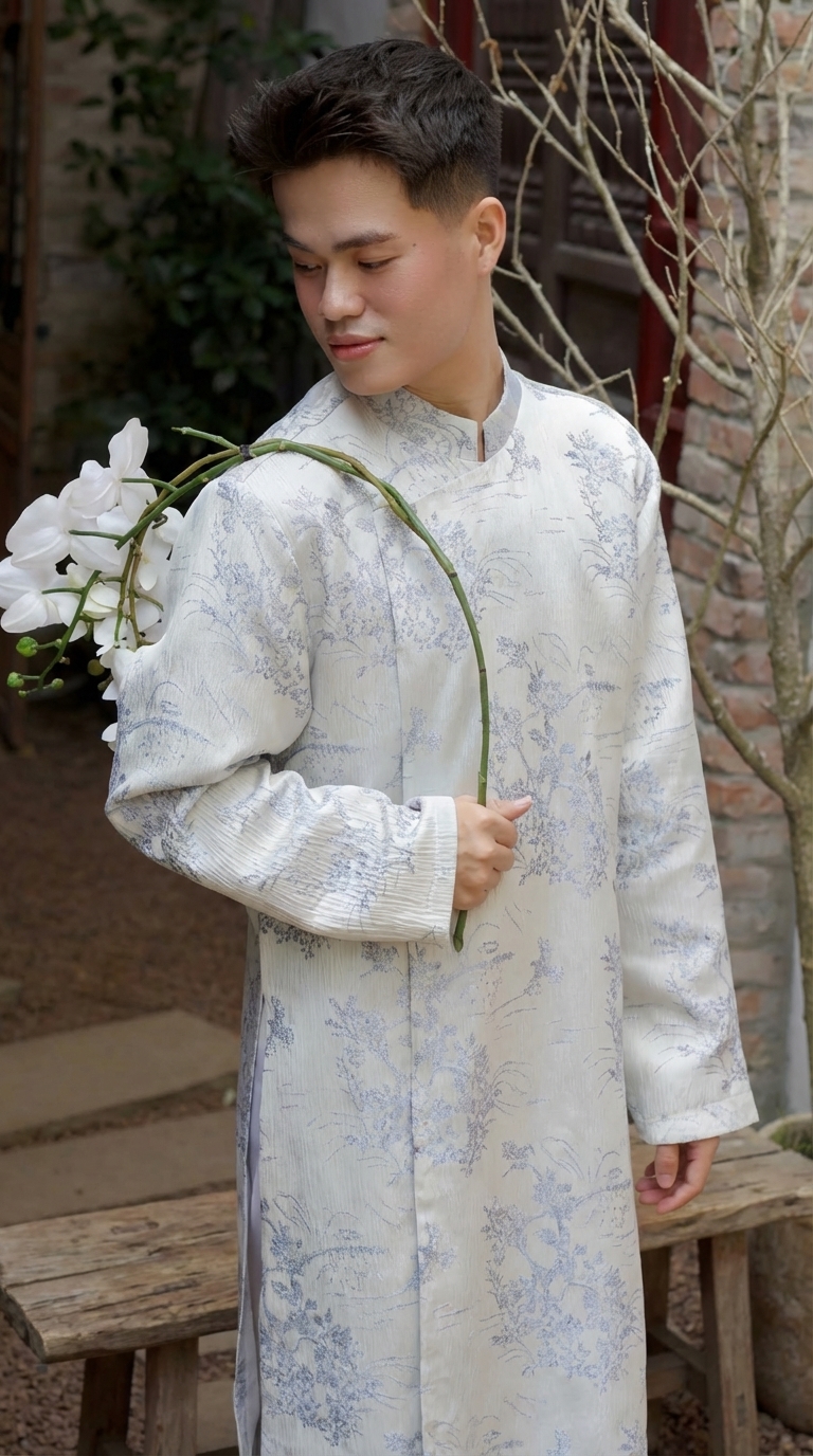 Áo Dài Nam Trắng Họa Tiết