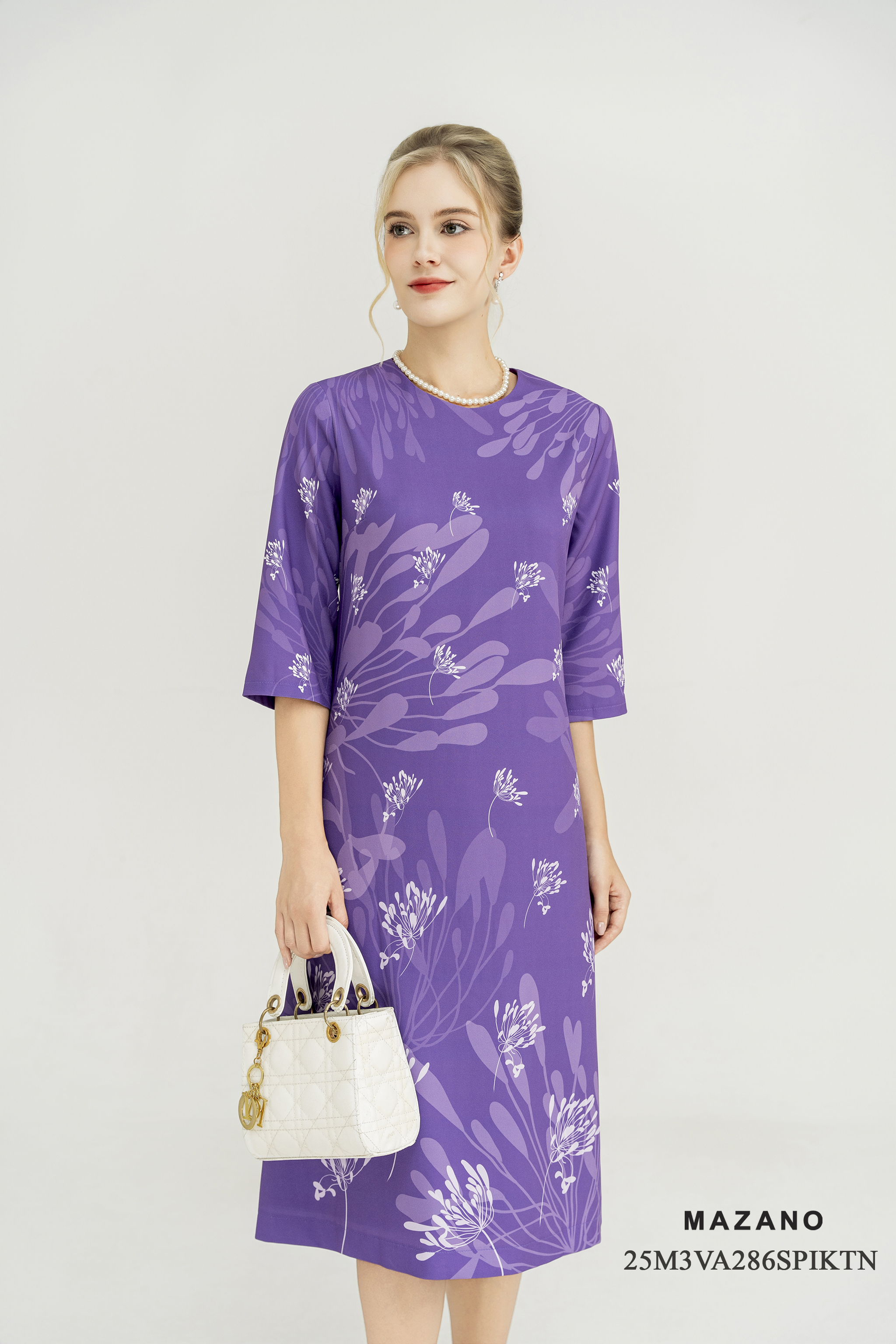 Váy Đầm Suông Vải thô dày Hoạ tiết cách điệu Cổ tròn Tay ngắn Dài qua bắp chân