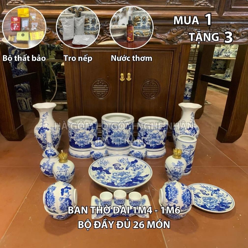 HG269 Đồ Thờ Cúng Bộ 26 món ban thờ 1M4 - 1M6 men trắng nghệ nhân Bát Tràng chế tác TẶNG Thất Bảo, Tro Nếp