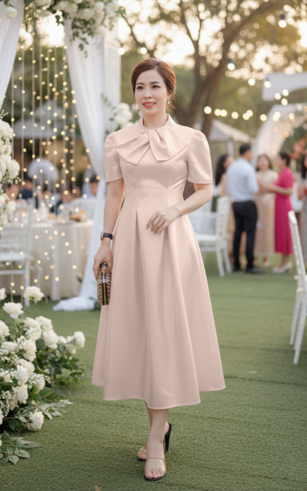 Đầm xòe xếp ly tay con nơ ngực sang trọng