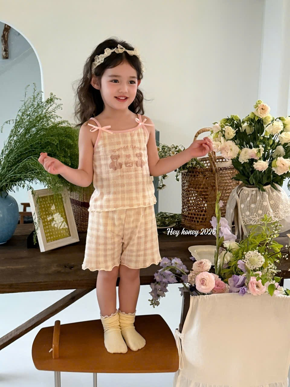 V15 - Set ngủ cotton gấu caro hồng 2 chi tiết hãng HeyHoney