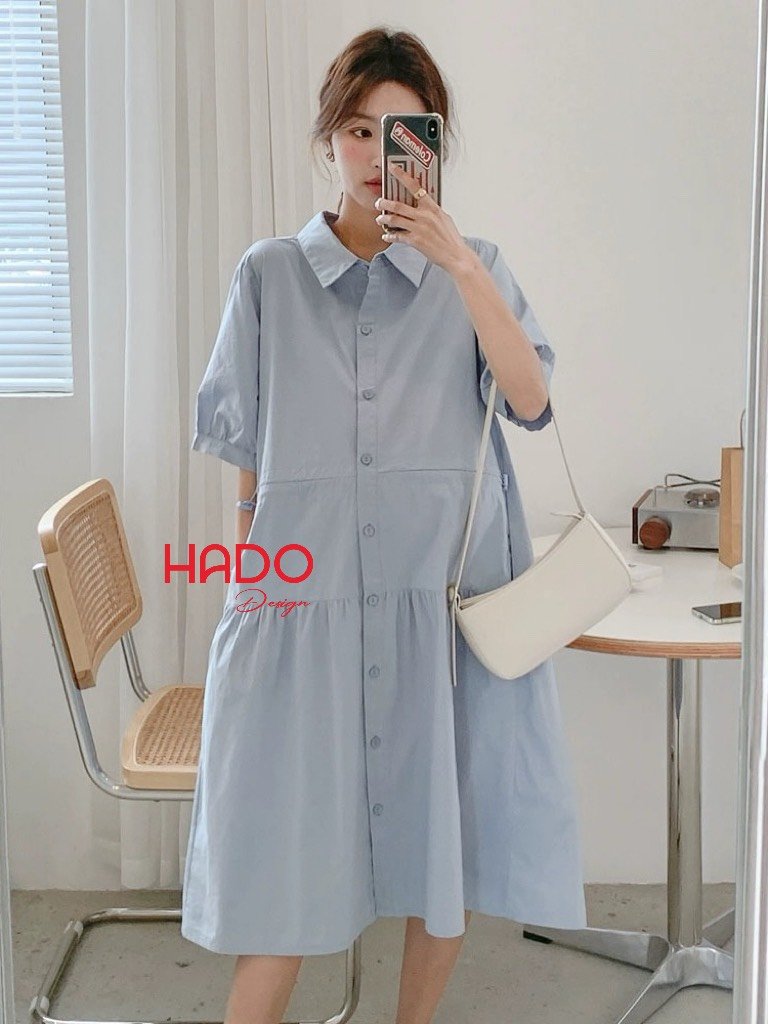 Váy sơ mi xanh chữ A