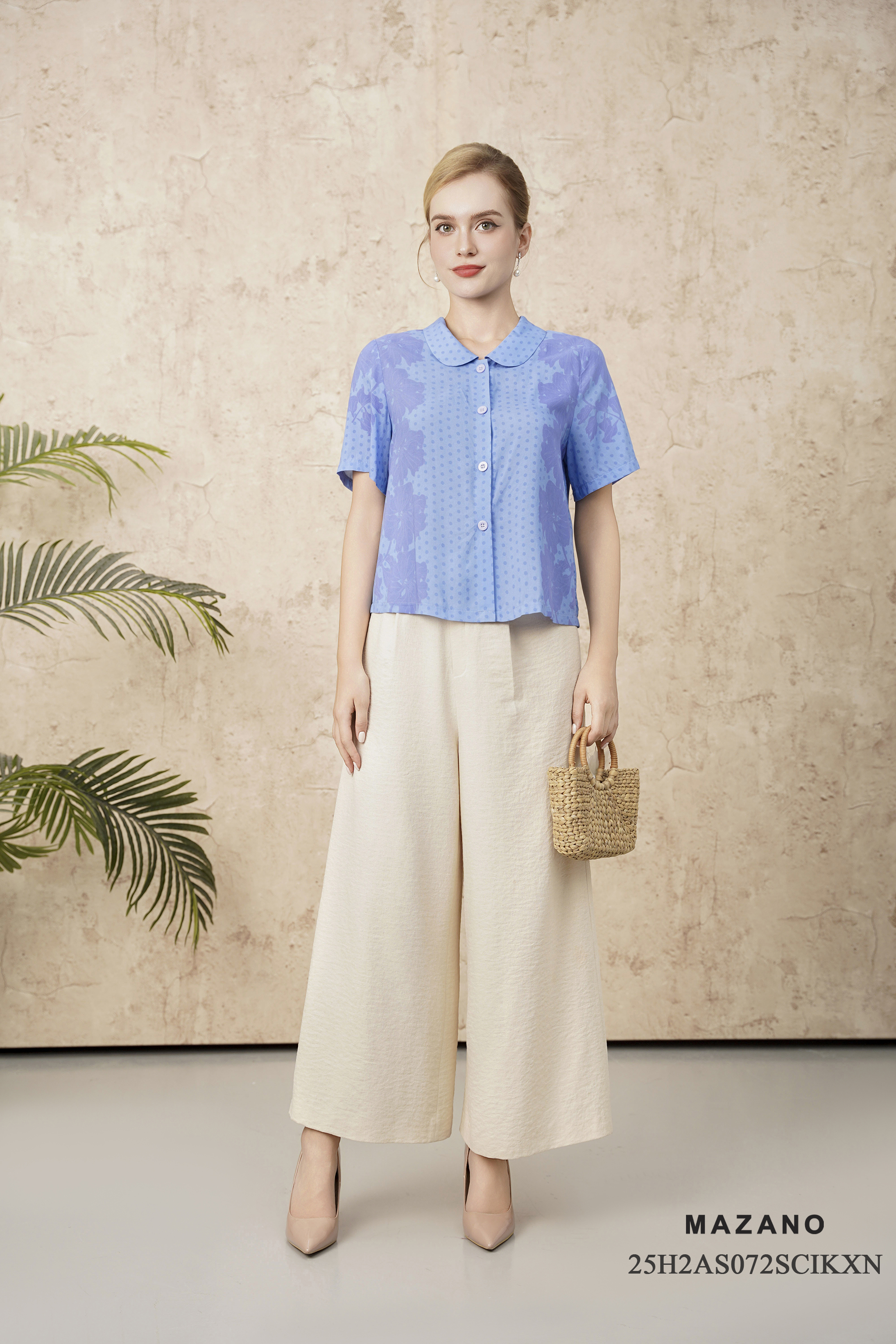 Áo sơ mi Vải Cotton In họa tiết hoa đối xứng Cổ bẻ Tay ngắn Dài dưới eo_thumbnail_0