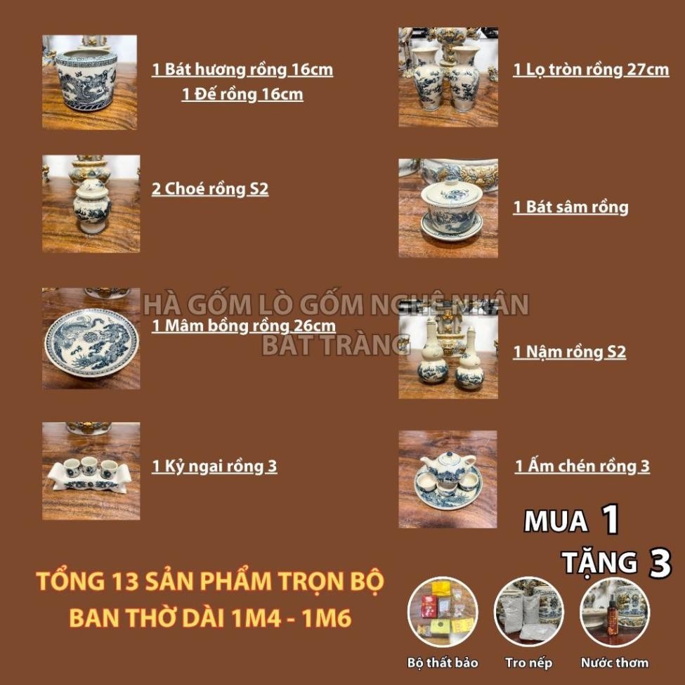 HG013 Đồ Thờ Cúng Bộ 13 món ban thờ 1M4 - 1M6 men rạn trơn nghệ nhân Bát Tràng chế tác TẶNG Thất Bảo, Tro Nếp_thumbnail_1