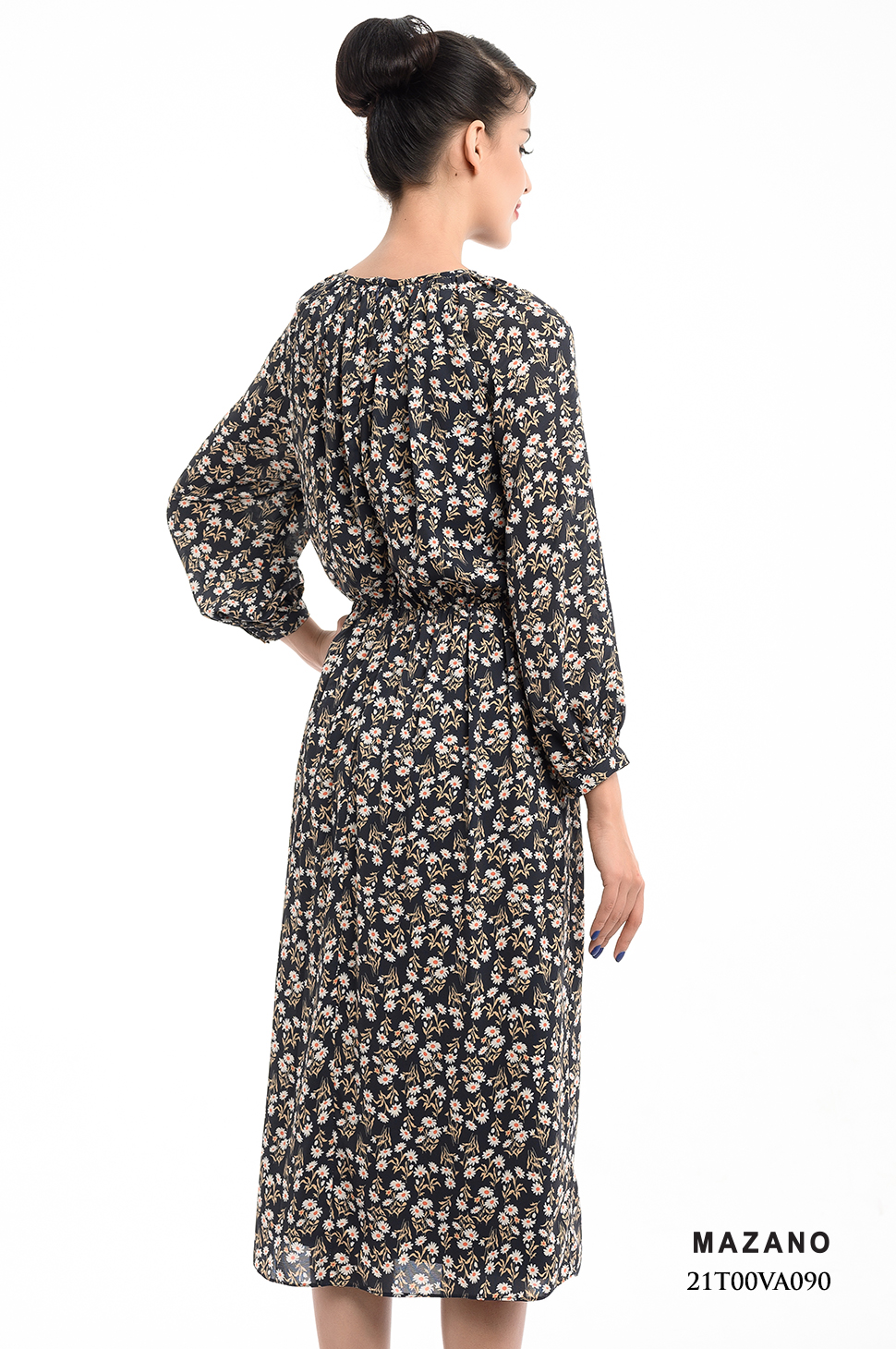 Đầm họa tiết nhún eo tay dài_thumbnail_3