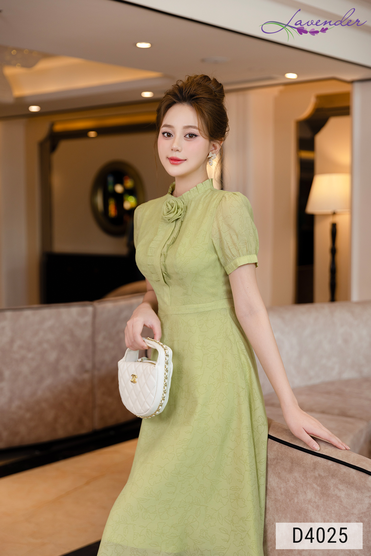 Đầm xòe vân hoa xanh cốm tay ngắn D4025_thumbnail_1