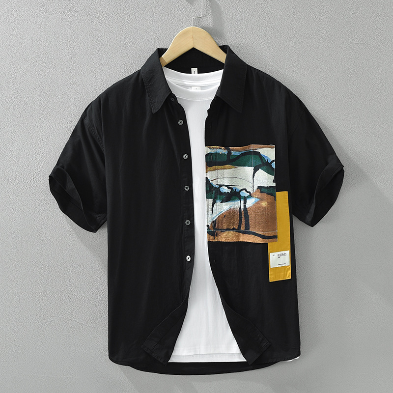 Áo Sơ Mi Nam Ngắn Tay Kiểu Nhật – In Họa Tiết Nghệ Thuật, Form Rộng, Cotton Thoáng Mát_thumbnail_4