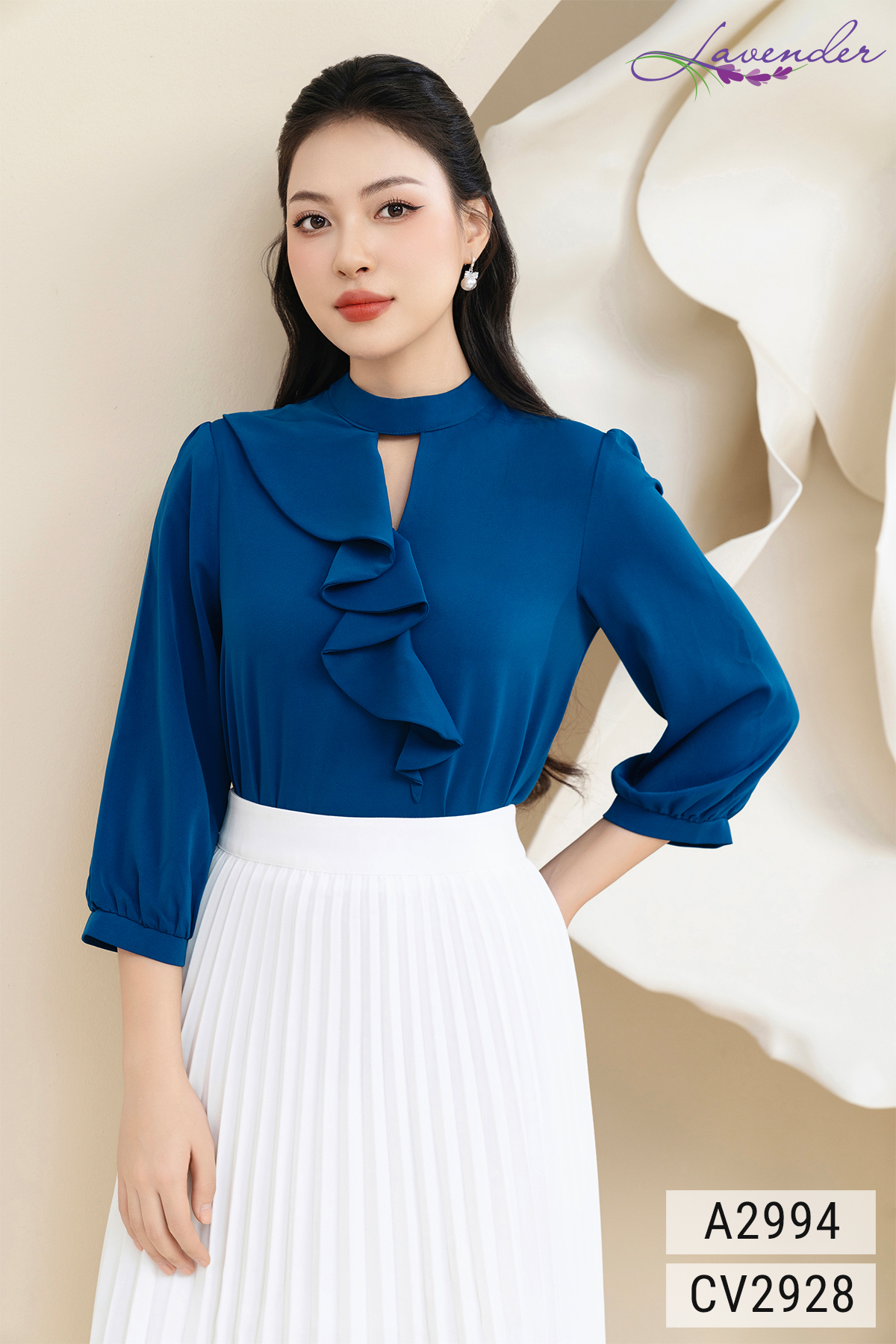 Áo sơ mi nữ công sở xanh vạt bèo cổ trụ tay lỡ A2994