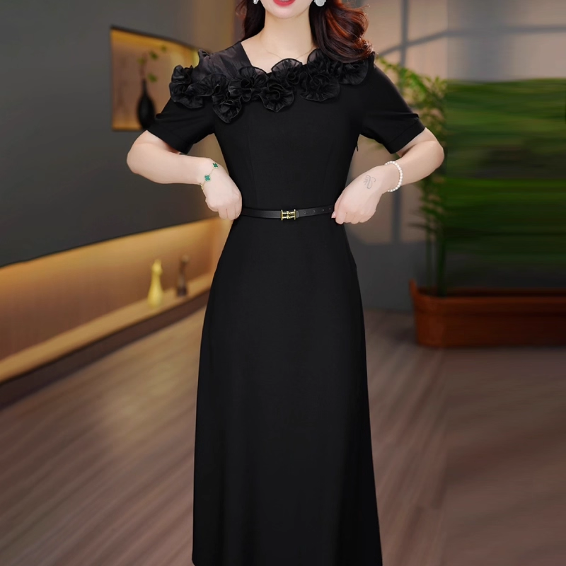 17720-Đầm xòe đen tay ngắn phối viền bèo kèm nịt ( lụa, voan)_thumbnail_0