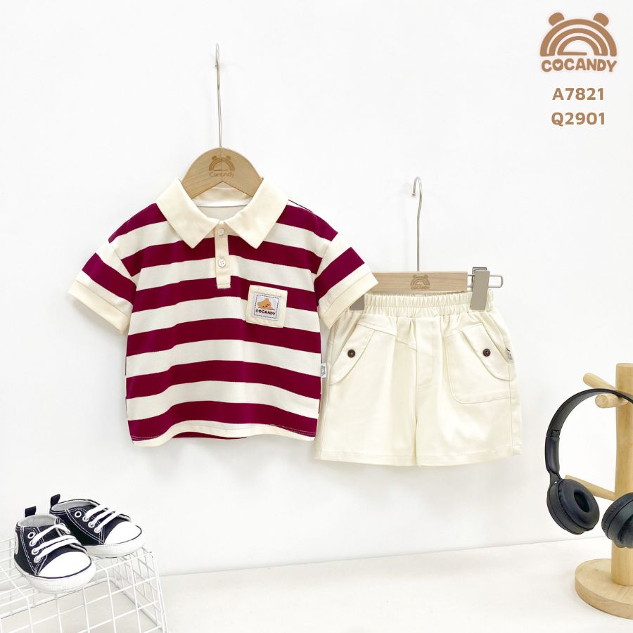 Áo cộc polo kẻ ĐỎ phối ngực tag thêu gấu