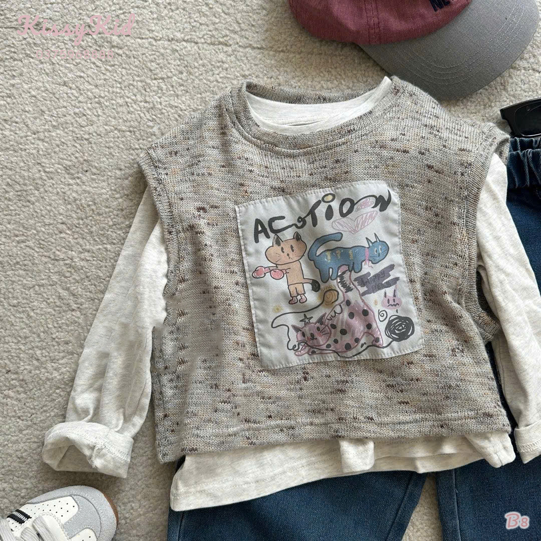 (B8) Áo thun kem kèm áo gile màu ghi hoạ tiết mèo bé trai