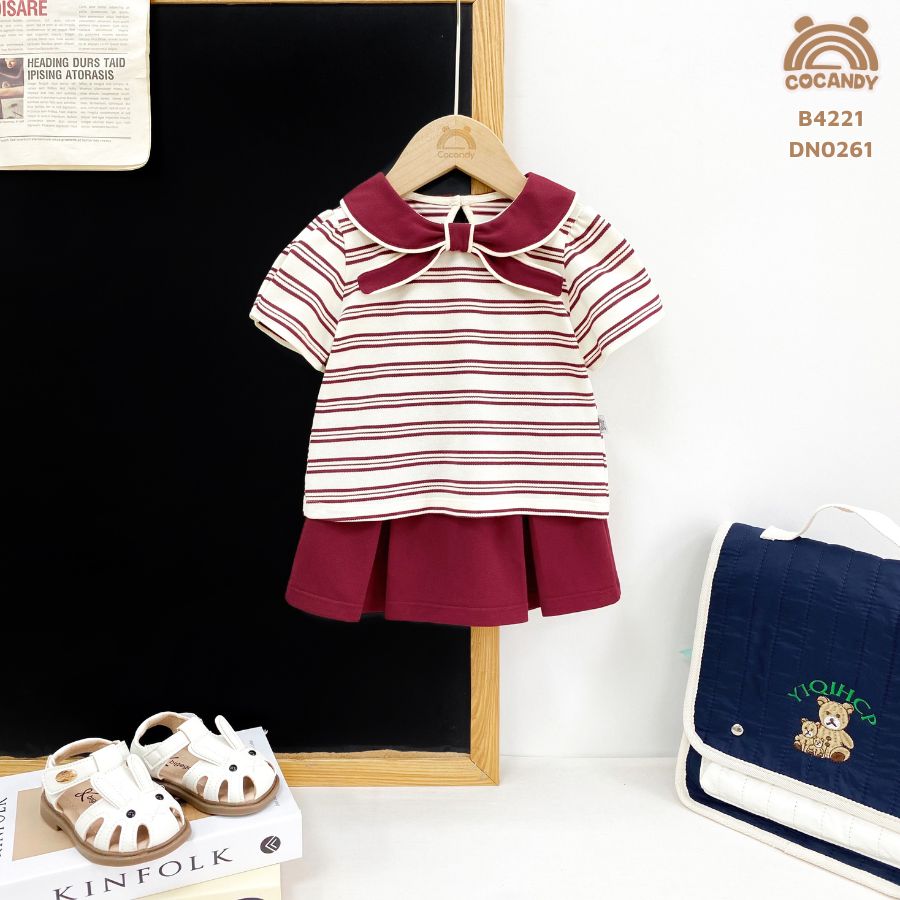 Bộ cộc kẻ ĐỎ cổ nơ + chân váy chữ A