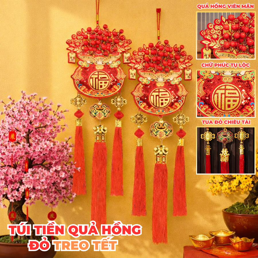 Túi Tiền Quả Hồng Treo Tết Phong Thủy Chữ Phúc Trang Trí Cửa Nhà Phòng Khách Chiêu Tài Lộc 322TT