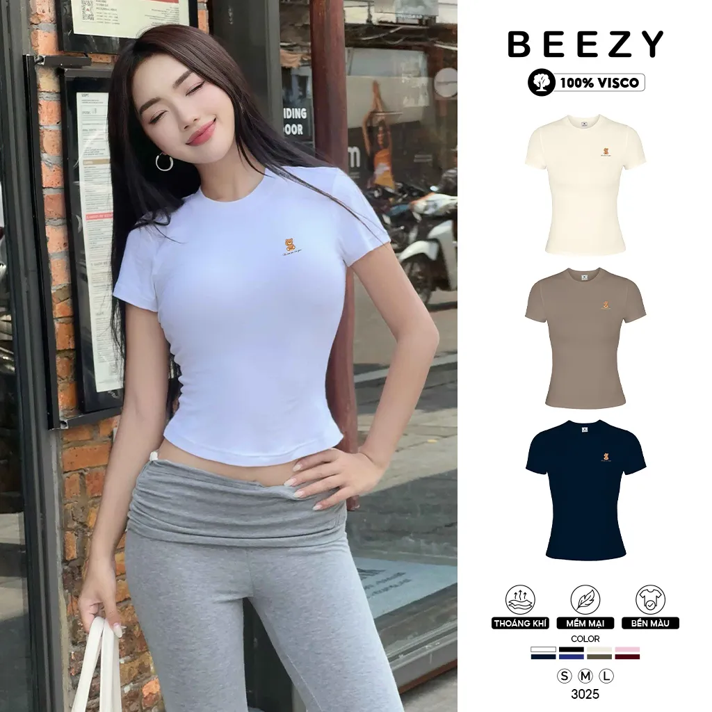 Áo baby tee nữ form ôm hack dáng Beezy vải visco thoáng mát hình gấu nhỏ dễ thương 3025