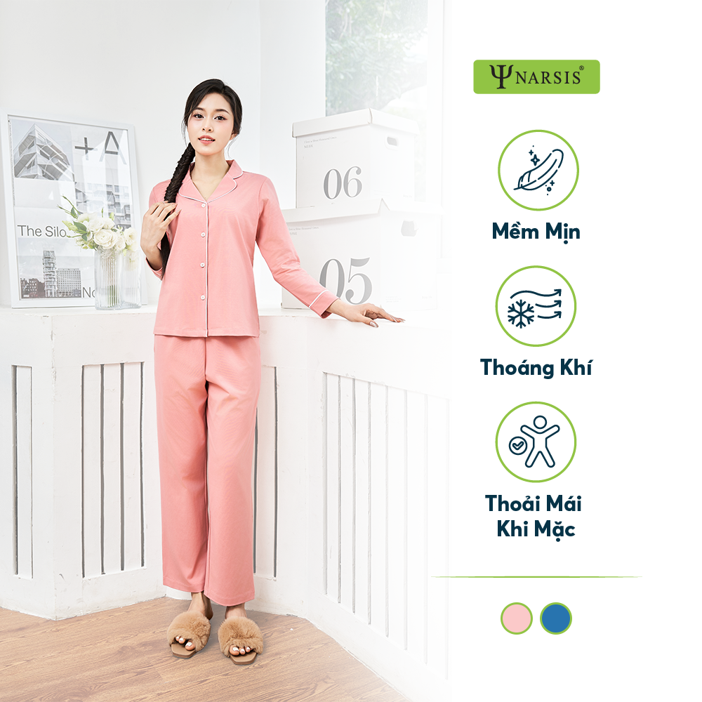 Đồ Ngủ Pijama Narsis M24049, Chất Cotton Spandex, Quần Dài, Tay Ngắn, Mềm Mịn, Ấm Áp