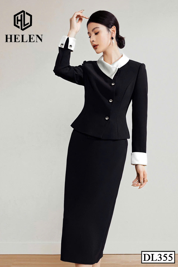 Đầm ôm peplum đen phối cổ kem DL355