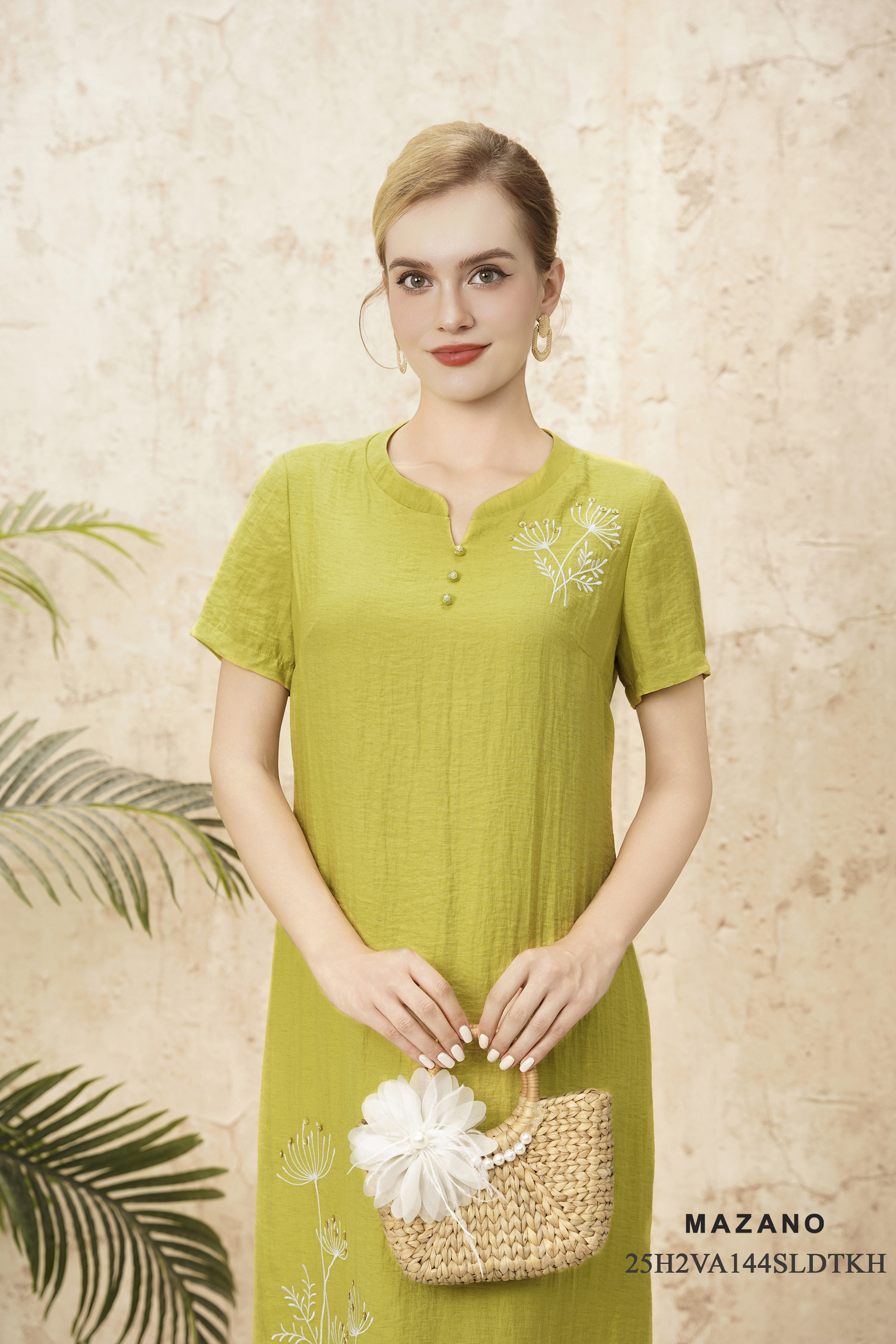 Váy Đầm Suông Vải linen lụa Thêu đính trang trí Cổ tàu cách điệu Tay ngắn Dài ngang bắp chân_thumbnail_3