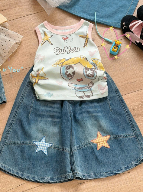 SU61 - Quần jean ống rộng đính sao màu xanh hãng Suyou