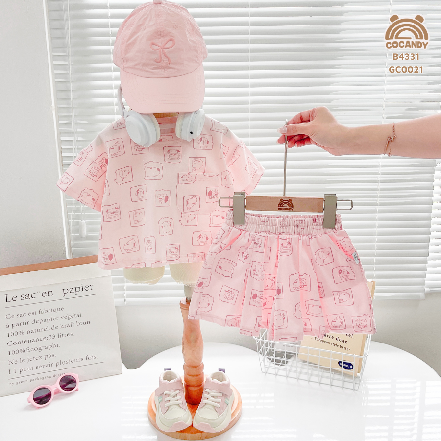 Bộ cộc HỒNG họa tiết mặt cún + chân váy tennis_thumbnail_1