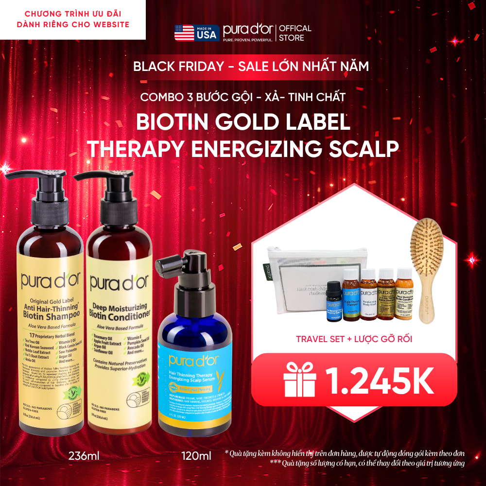 Combo 3 Bước Dầu Gội, Dầu Xả, Giảm Rụng Tóc Organic Pura D'or Biotin Gold Label 236ML | Chăm Sóc Tóc, Chăm Sóc Da Đầu, Dưỡng Tóc, Hỗ Trợ Mọc Tóc - Mega Livestream - Combo 3 bước 236ml