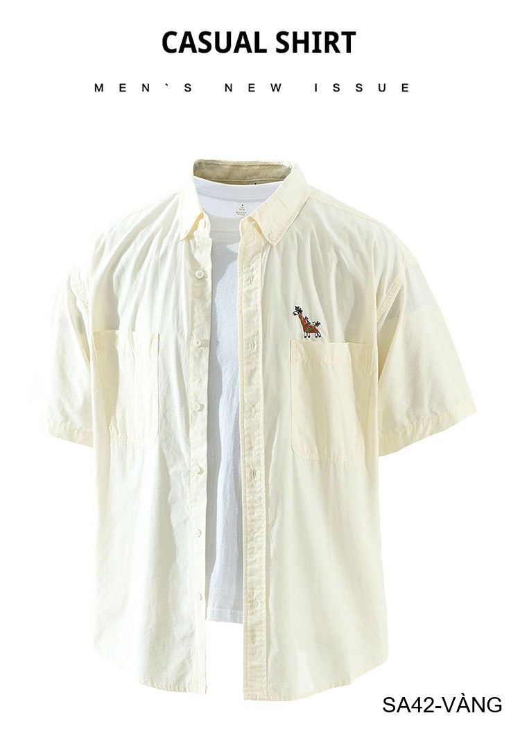 SA42 - Áo sơ mi nam ngắn tay phong cách Nhật, thêu hình hươu cao cổ, chất cotton thoáng mát_thumbnail_9