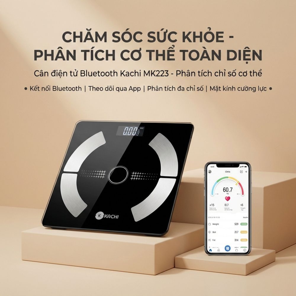 Cân Điên Tử Bluetooth Phân Tích Chỉ Số Cơ Thể Kachi MK223