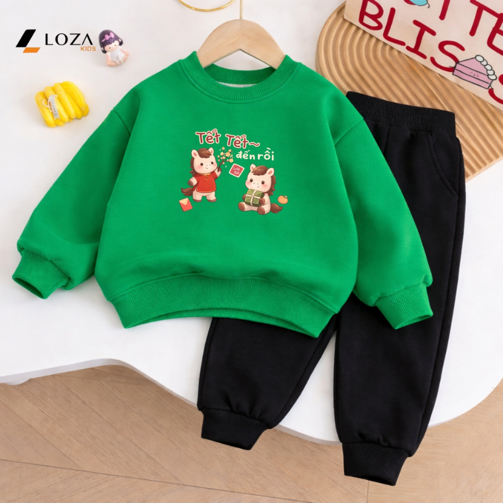 [BST Tết 2026] Bộ nỉ bé trai, bé gái in hình ngựa 