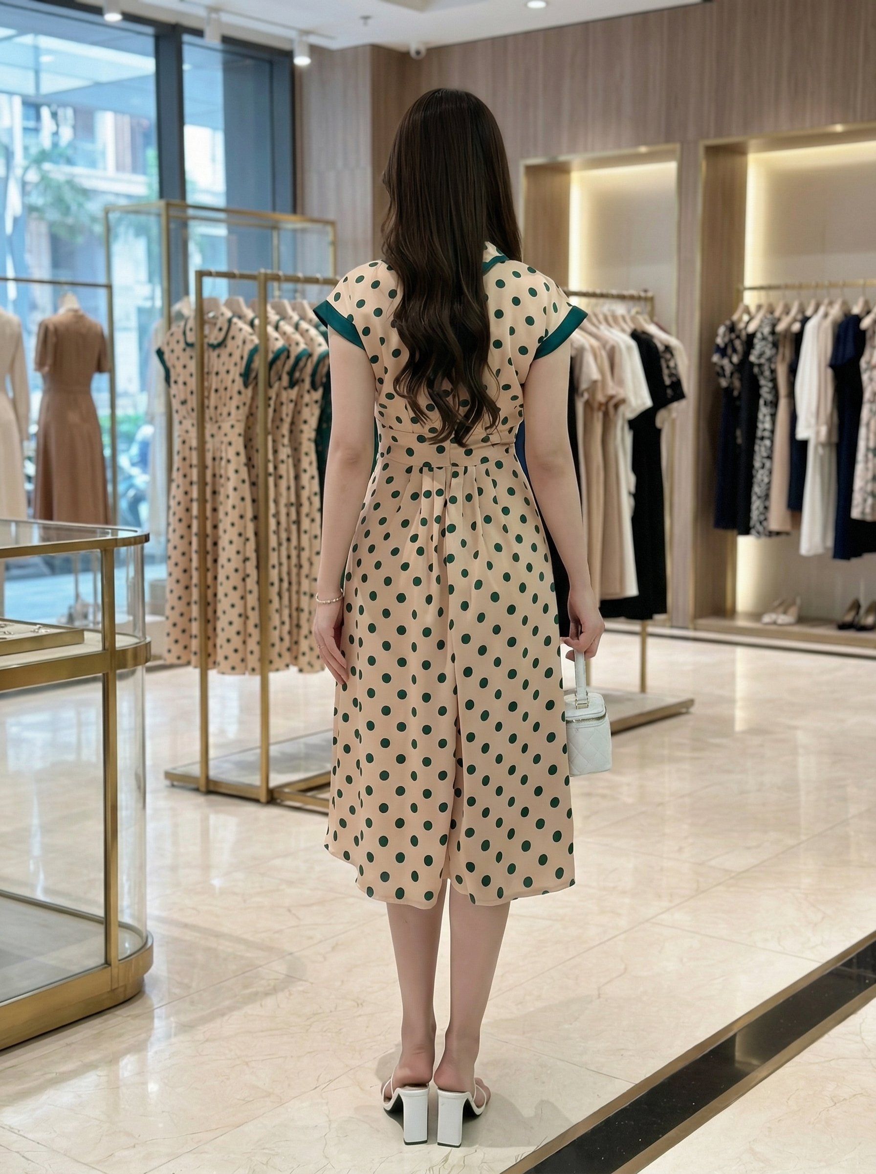 Đầm xòe họa tiết chấm bi cổ Peter cột nơ_thumbnail_5