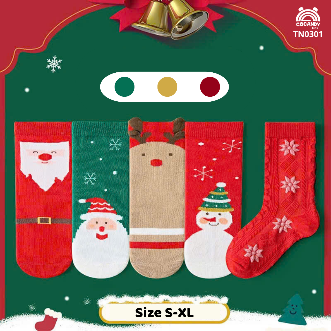 Set 5 đôi tất đôi ĐỎ TRẮNG người tuyết