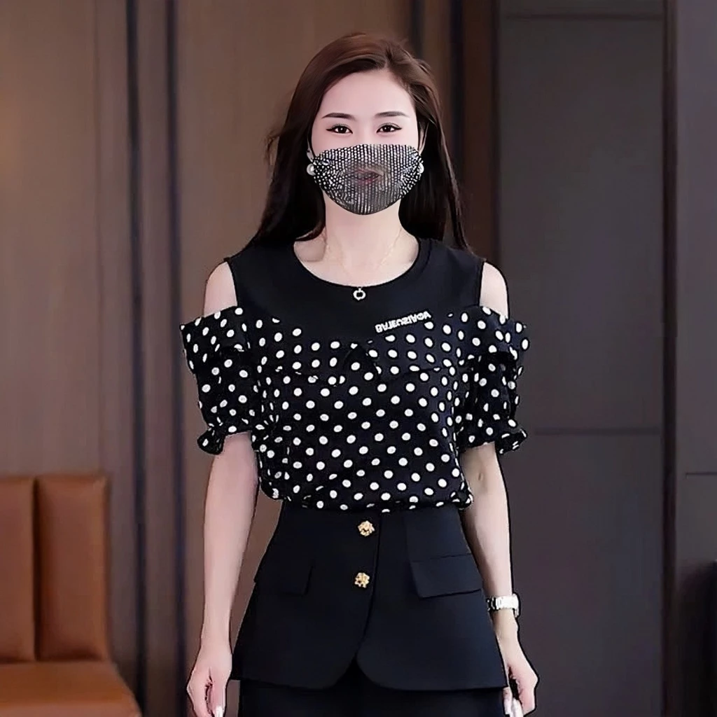 Áo Thun Tăm Phối Lụa Tay Ngắn Hở Vai Giả Hai Lớp Phong Cách Hàn Quốc_thumbnail_2