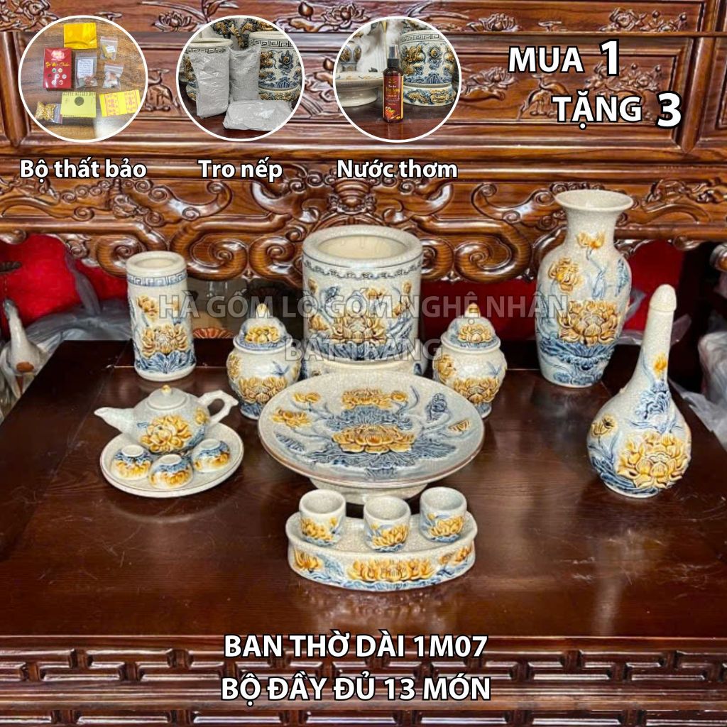 HG042 Đồ Thờ Cúng Bộ 13 món ban thờ 1M07 men rạn nổi nghệ nhân Bát Tràng chế tác TẶNG Thất Bảo, Tro Nếp