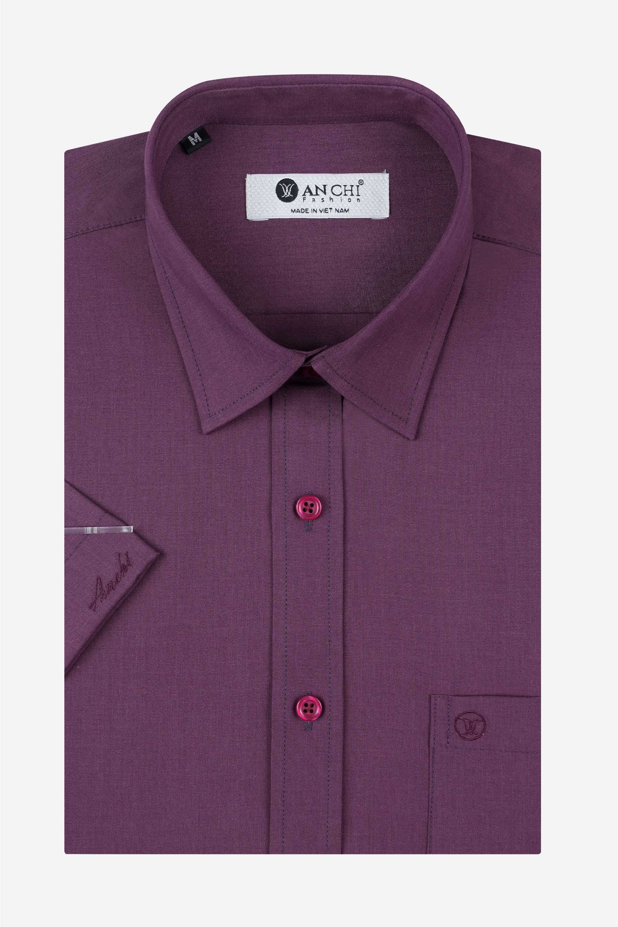 Áo Sơ Mi Trơn Cộc Tay Nam Trung Niên ANCHI Chất Liệu Sợi Gỗ Thoáng Mát Màu Đỏ Mận