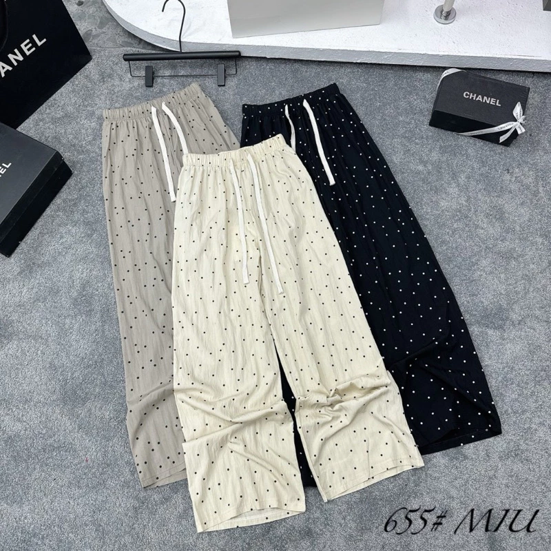 Quần suông nữ,chất vải đũi gió nhăn cao cấp chấm bi dễ thương, cạp chun eo cao_thumbnail_2