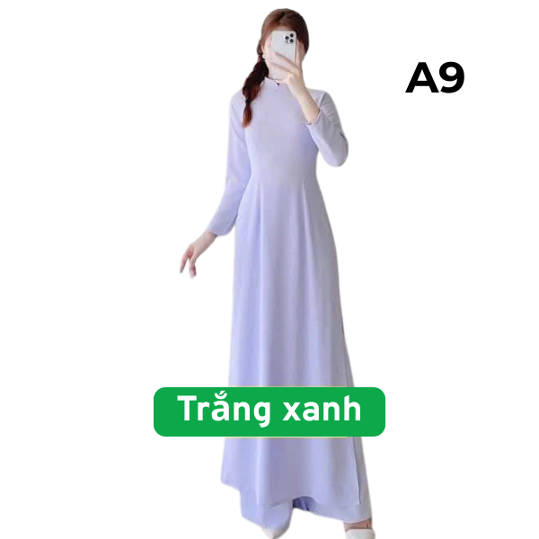 Bộ HS9 Áo dài Học Sinh cổ Cao 2cm tay Dài màu Trắng Xanh