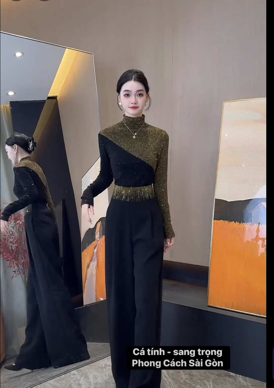 Set bộ áo cổ lọ quần dài có đá