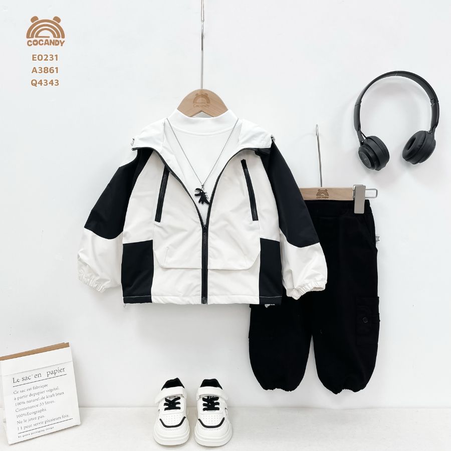 Áo khoác ĐEN BE lót lông bo tay nẹp khóa chéo