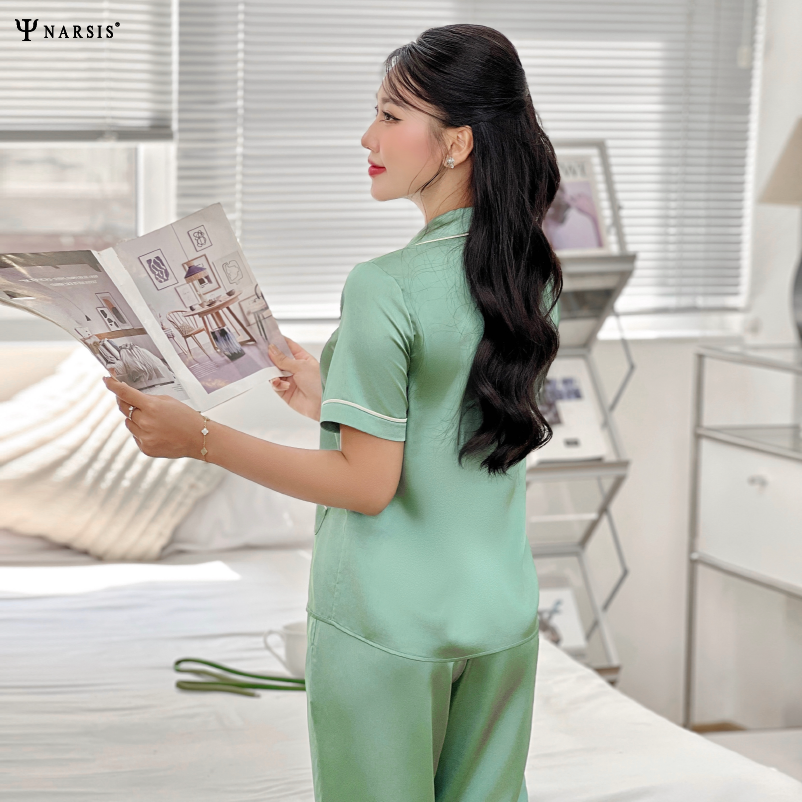 Bộ pijama satin cao cấp Narsis M24040 màu xanh lam, thiết kế thoáng mát, tinh tế._thumbnail_1