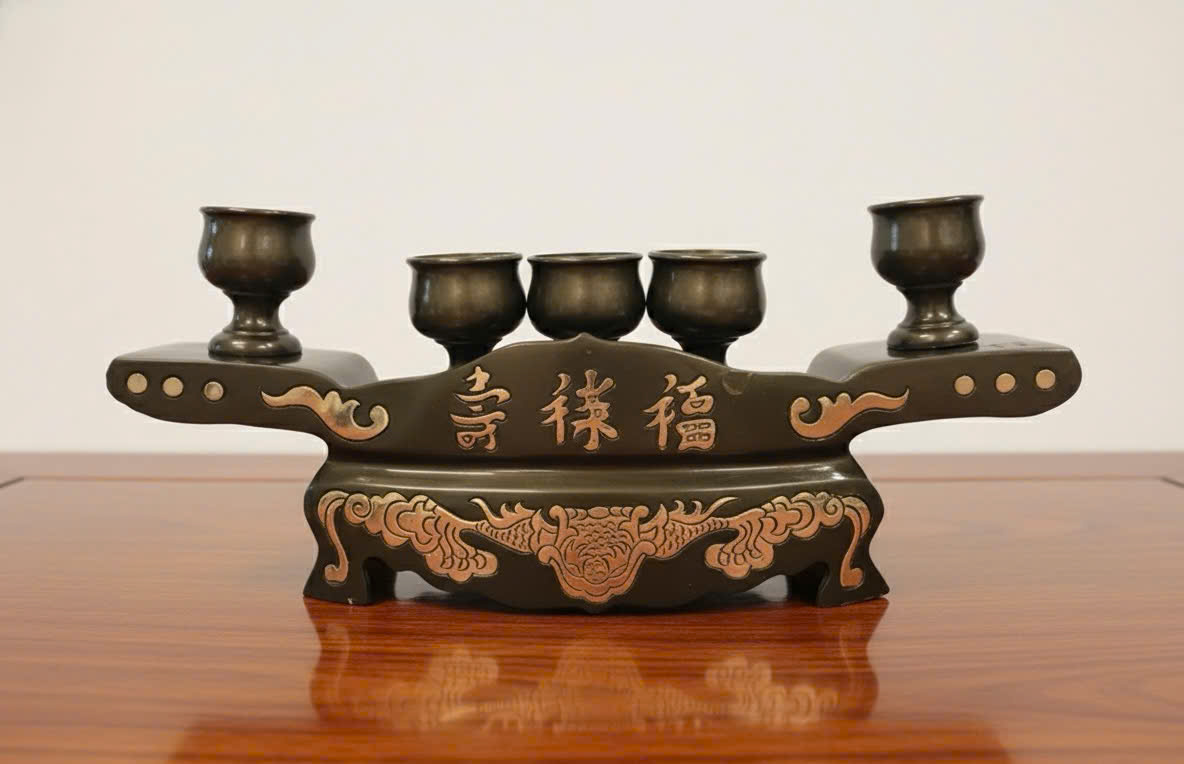 Khay chén thờ đúc đồng đỏ 5 chén  phớt màu 