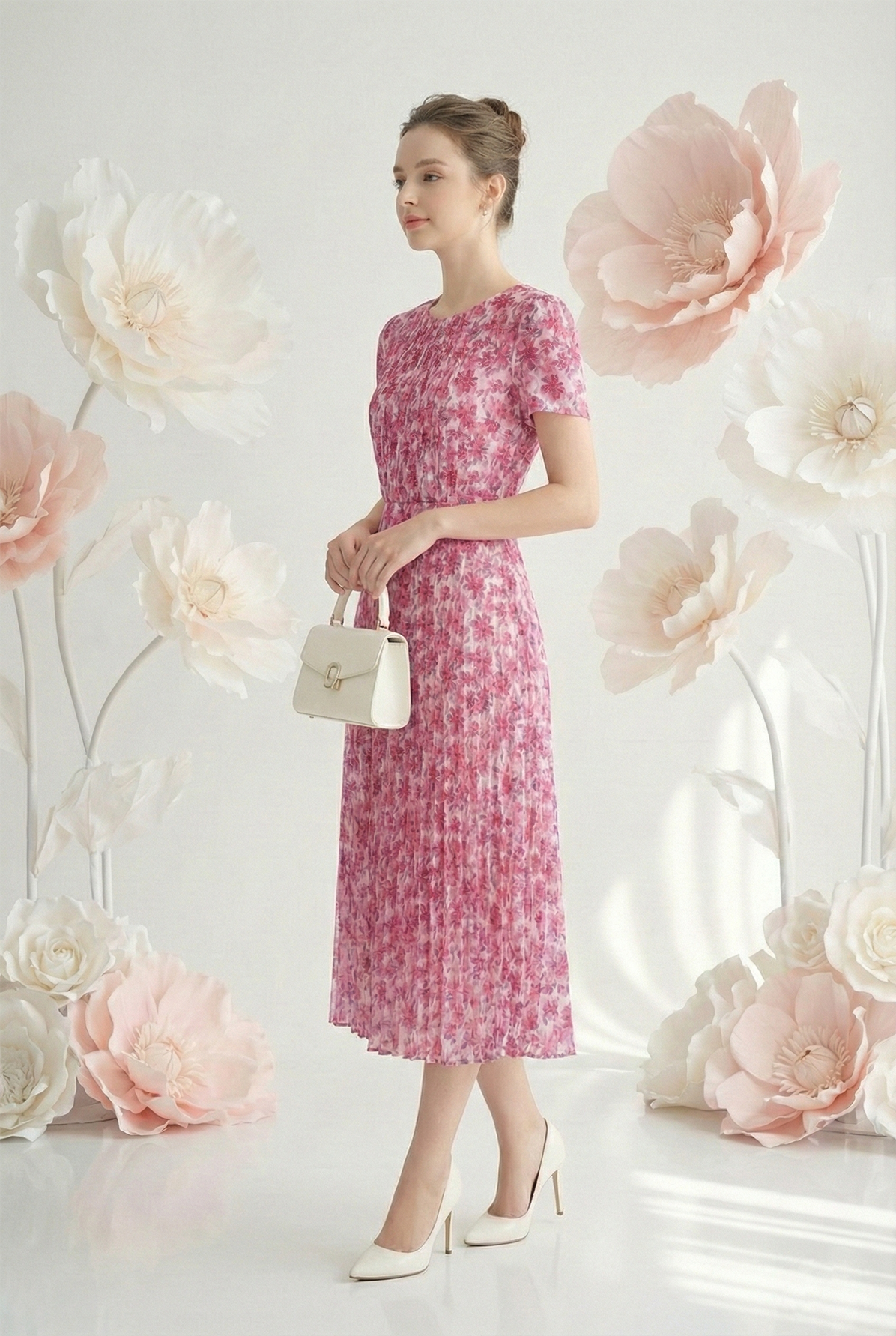 Đầm voan dày in hoa dáng ôm chân dập ly cổ tròn tay ngắn thiết kế MAZANO_thumbnail_5