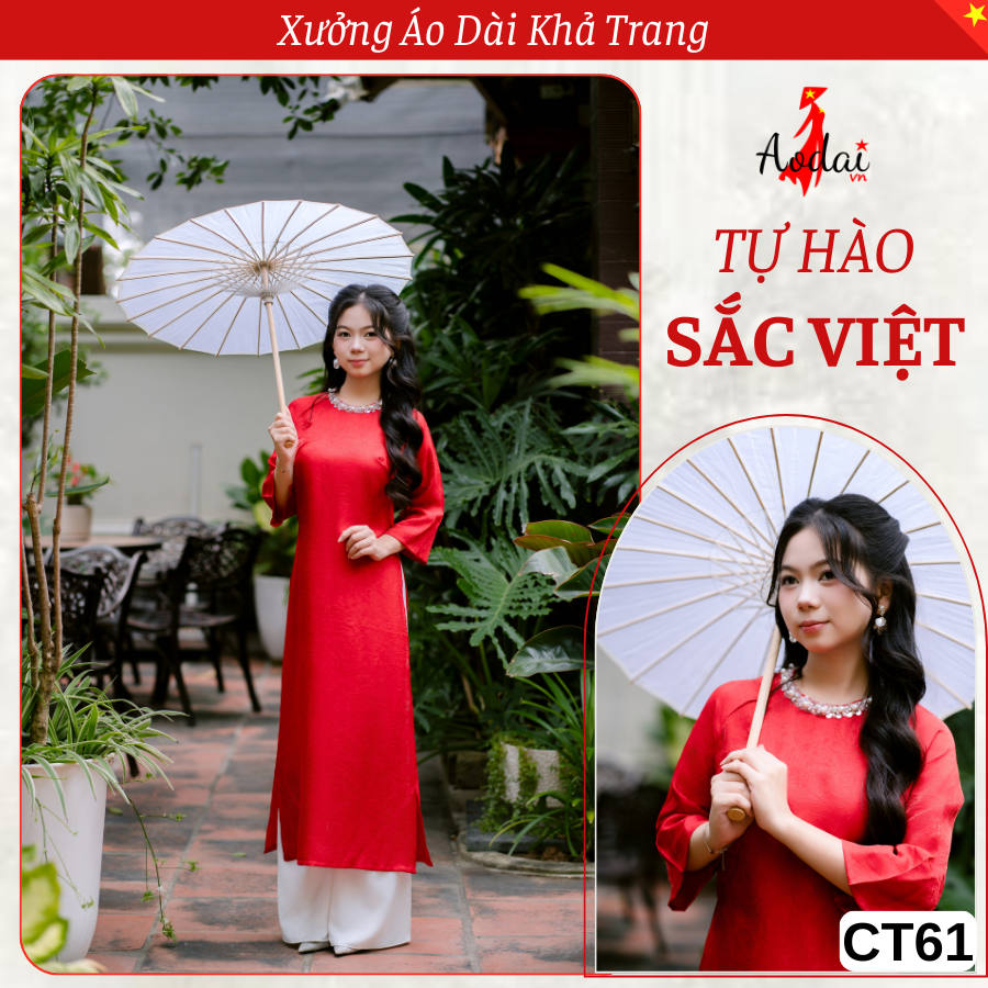 CT61 Áo Dài Cách Tân Tơ Óng Kim Cương màu Đỏ Cổ tròn Đính hạt Tay Loe