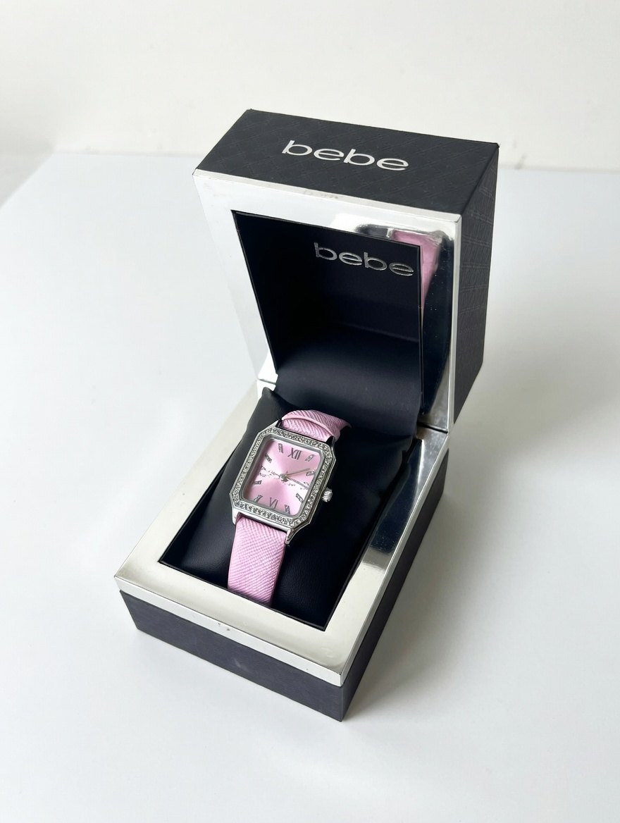 Đồng Hồ Nữ Bebe Dây Da Hồng – Mặt Vuông Đính Đá Thanh Lịch