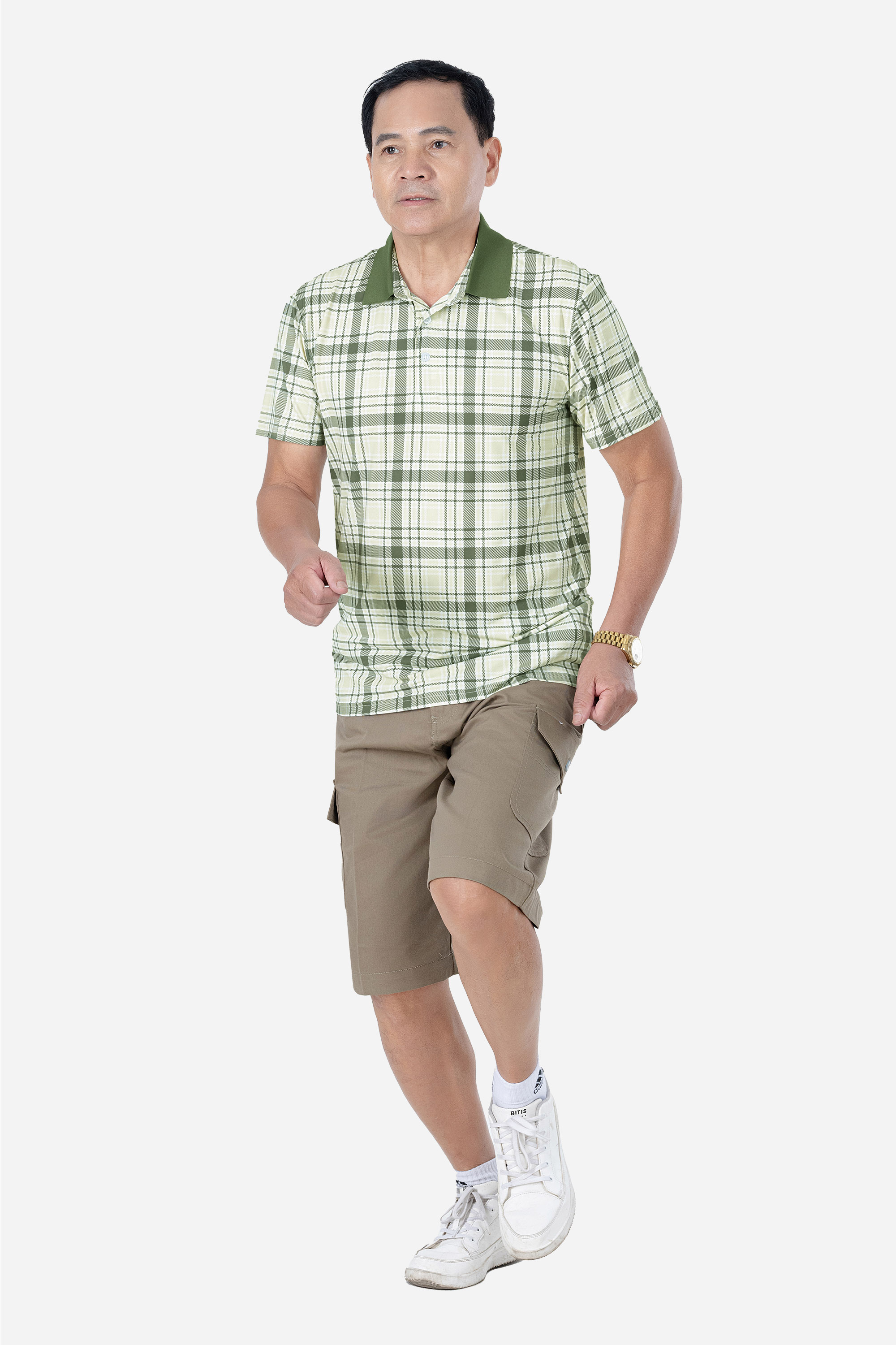 Áo Polo Kẻ Nam Trung Niên ANCHI Chất Liệu Cotton Mĩ Cao Cấp Phom Suông Vạt Ngang Màu Rêu Nhạt_thumbnail_26