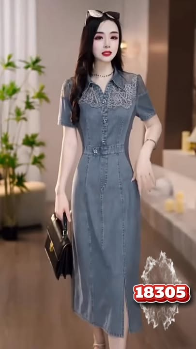 18305-Đầm body suông jean cổ bẻ viền ren ( jean)