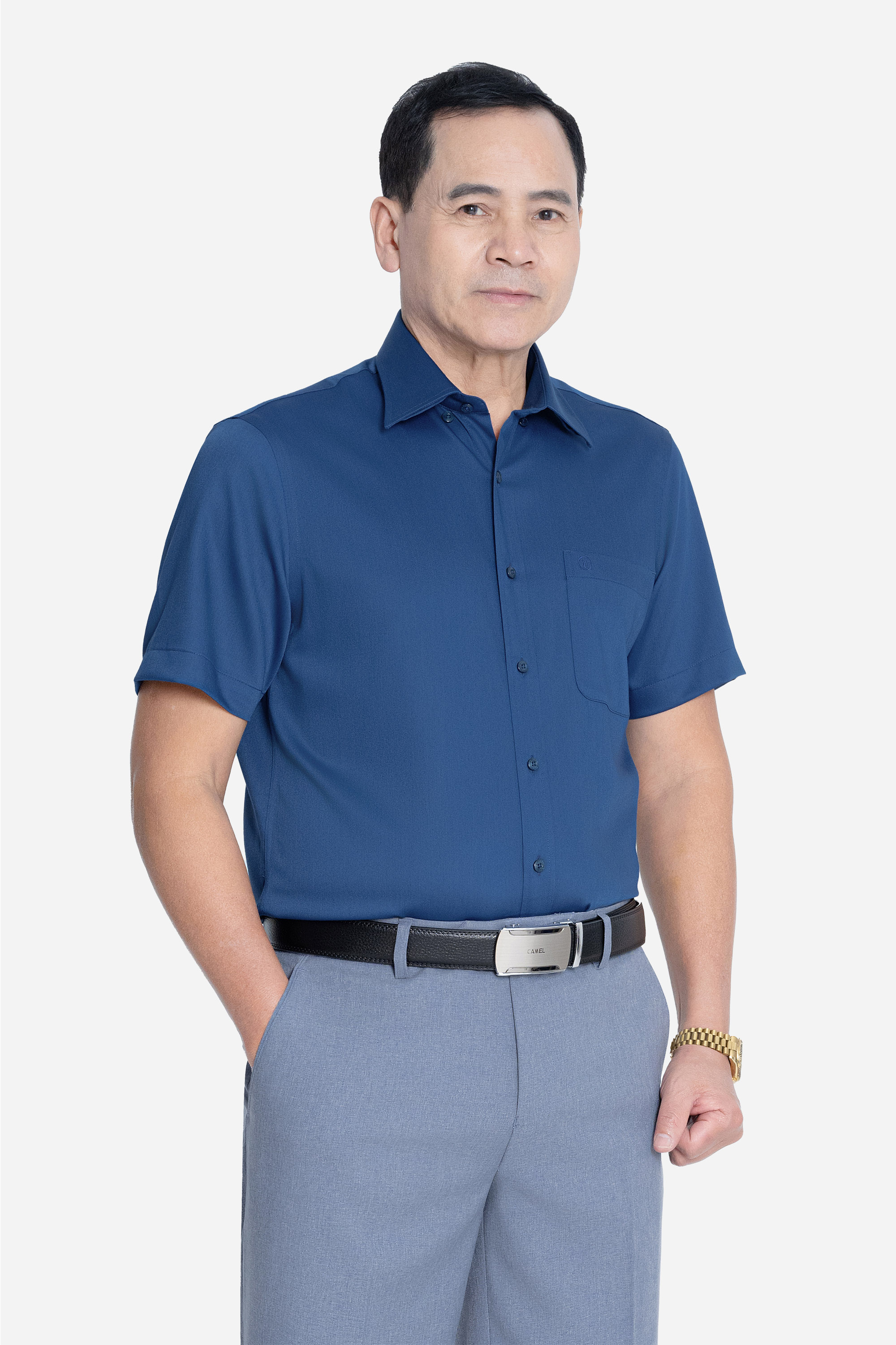 Sơ Mi Trơn Cộc Tay Nam Trung Niên ANCHI Chất Liệu Sợi Sồi Cao Cấp Màu Xanh_thumbnail_8