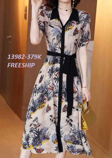 13982-Đầm suông in hoa cổ bẻ viền đen kèm dây thắt eo (voan in)FREESHIP_thumbnail_2